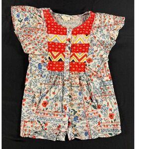 Let Me Be Anthropologie Floral Patchwork Swiss Dot Button Front Boho Top Sz US 2